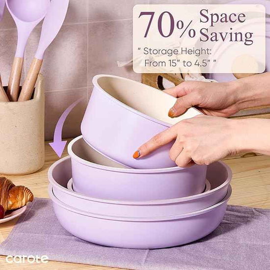 CAROTE Pots and Pans Set Non Stick, Cookware Sets, 19pcs Kitchen Set, Oven/Fridge Safe, Space Saving Pots Set, Nonstick Set with Versatile Removable/Detachable Handle, Induction RV Set, Purple