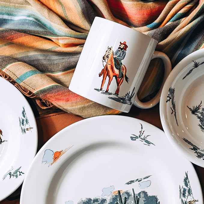 Paseo Road Ranch Life 16 Piece Ceramic Dinnerware Set with Plates, Bowls, Coffee Mugs, Duffle Bag, Cow Longhorn Horse Cowboy Pattern, Southwestern Rustic Cabin Lodge Style