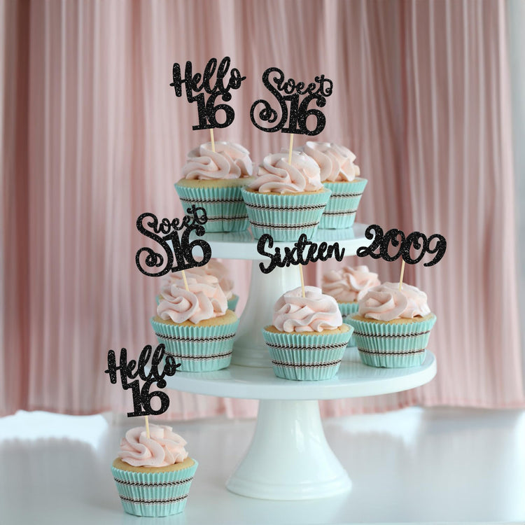 24Pcs Happy 16th Birthday Cupcake Toppers Glitter Hello 16 Sweet 16 Cupcake Picks 2009 Sixteen Old Birthday Cake Decorations for 16th Birthday Anniversary Party Supplies Black (24 Count)