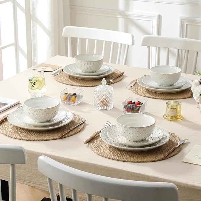 MALACASA 24 Piece Dinnerware Set, Embossed Ceramic Dish Sets Service for 8, Plates and Bowls Set, Durable Stoneware Tableware for Family Dinners, Dishwasher & Microwave Safe