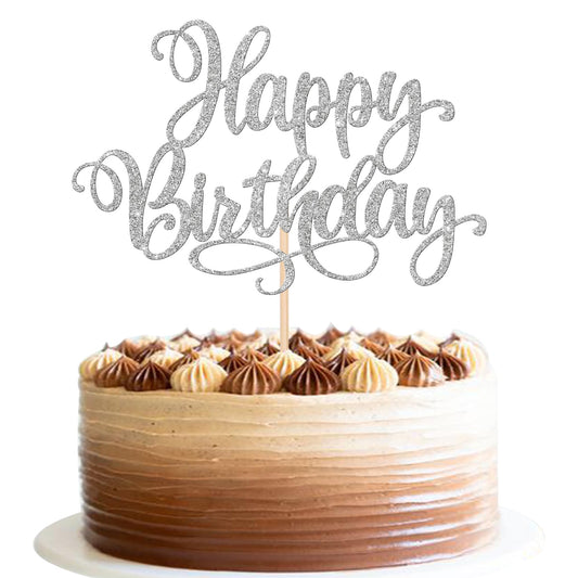 1 PCS Happy Birthday Cake Topper Glitter Happy Birthday Cake Pick for Celebrating Happy Birthday Anniversary Party Cake Decorations Supplies Silver