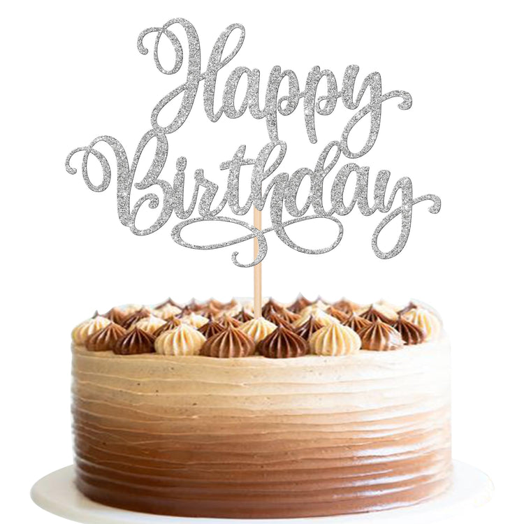 1 PCS Happy Birthday Cake Topper Glitter Happy Birthday Cake Pick for Celebrating Happy Birthday Anniversary Party Cake Decorations Supplies Silver