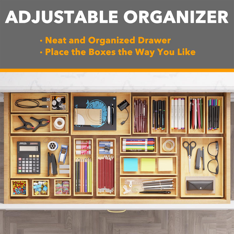 21 Piece Bamboo Drawer Organizer Storage Boxes Set