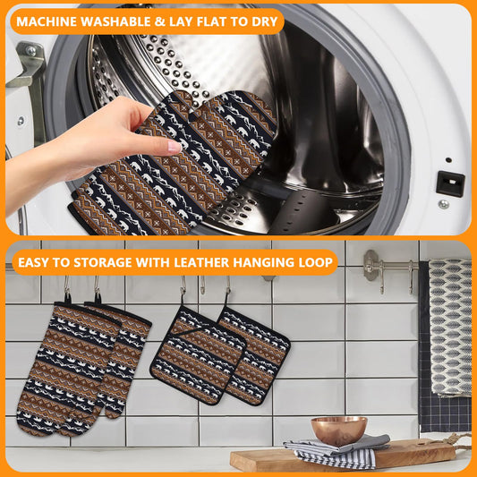 Bear Mountain Oven Mitts and Vintage Rustic Pot Holders Sets 4Pcs
