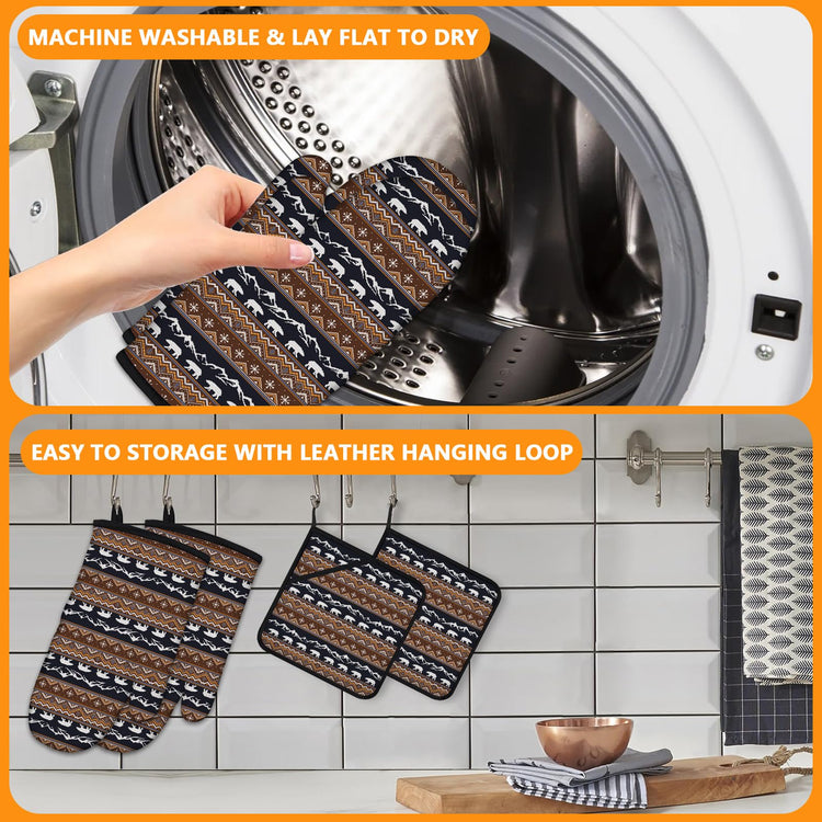 Bear Mountain Oven Mitts and Vintage Rustic Pot Holders Sets 4Pcs