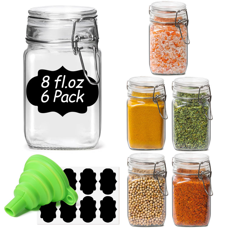 Square Small 8 oz Glass Spice Jars with Airtight Lids 6 Pack Pantry (6 Count)