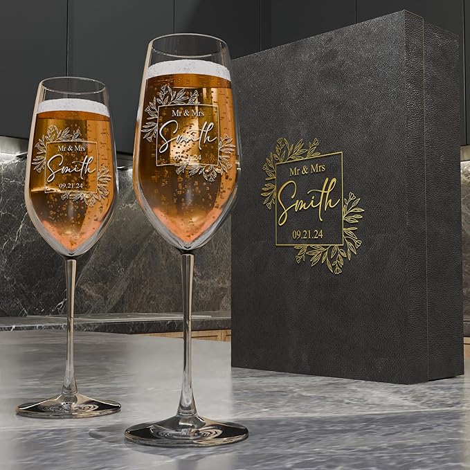 Personalized Champagne Flutes - Set of 2 - Custom Wedding Glasses - Bride & Groom Wedding Gifts for Mr & Mrs - Engagement, Bridal Shower, Anniversary, Gift for Couple - Valentines Day Gift - 6 Designs