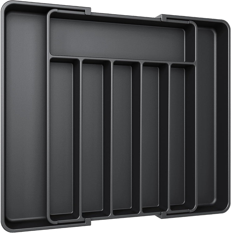 Aujen Silverware Organizer - Expandable Kitchen Drawer Organizer, Adjustable Utensil Organizer, Cutlery Tray for Forks, Knives, Multipurpose Kitchen Organizers and Storage Solution, Black, Large