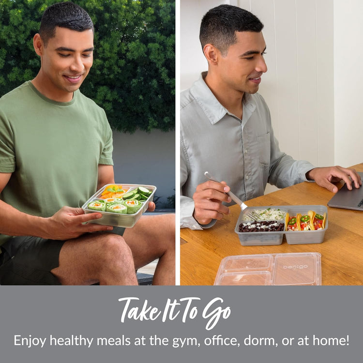 Bentgo 20-Piece Lightweight, Durable, Reusable BPA-Free 3-Compartment Containers - Microwave, Freezer, Dishwasher Safe - Silver
