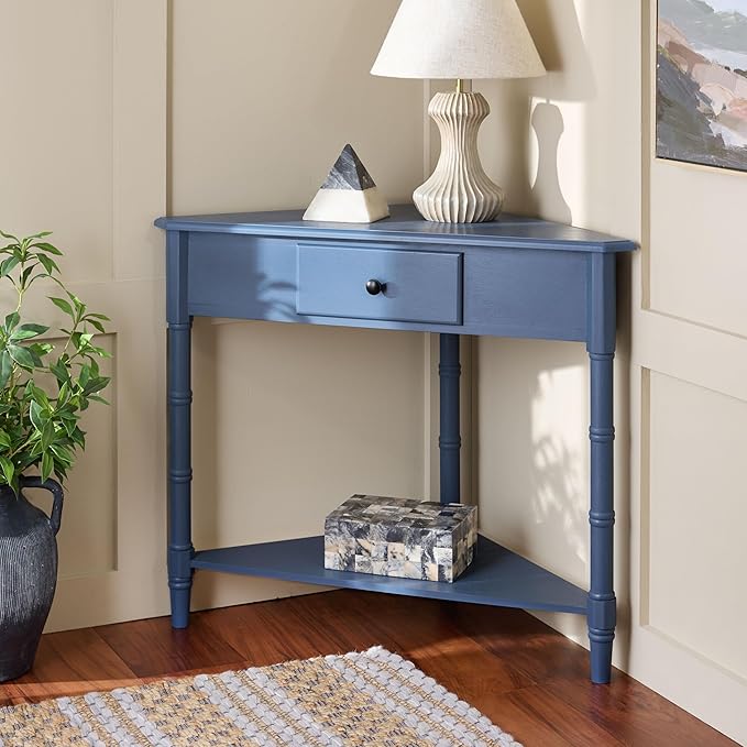 SAFAVIEH Home Collection – Gomez Blue Corner Table, 1-Drawer Space-Saving Triangle Accent Table, Classic Turned-Leg Design (AMH5709H)
