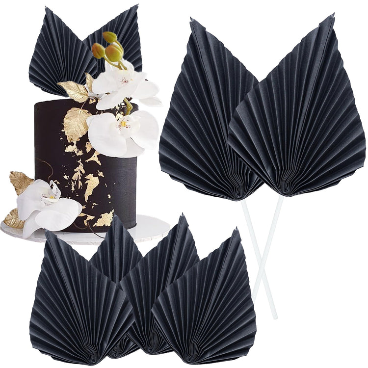 6Pcs Paper Palm Fan Cake Toppers Palm Spear Leaves Fan Cupcake Toppers Cake Insert Decorations Craft DIY Cake Bakeware Decoration for Birthday Party Wedding Party Decor Supplies Black (6 Count)