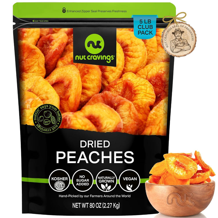 NUT CRAVINGS - Sun Dried California Peaches, No Sugar Added (80oz, 5 LB) Bulk Dry Fruits Packed Fresh in Resealable Bag - Sweet Healthy Snack, Naturally Grown, Vegan, Kosher