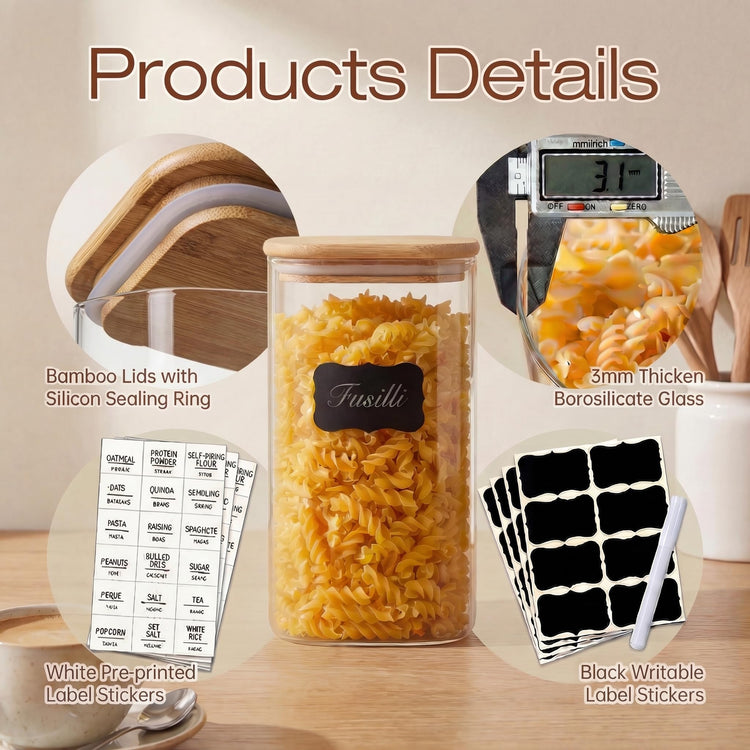 79oz Tall Glass Pasta Storage Containers with Airtight Bamboo Lids (3 Count)
