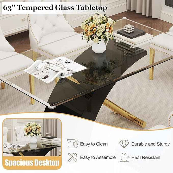 7 Piece Glass Dining Table Set for 6, 63" Modern Kitchen Table with 6 White Velvet Chairs, Tempered Glass Tabletop with Black X-Shaped MDF Base, Modern Dining Room Set for Kitchen and Dining Room
