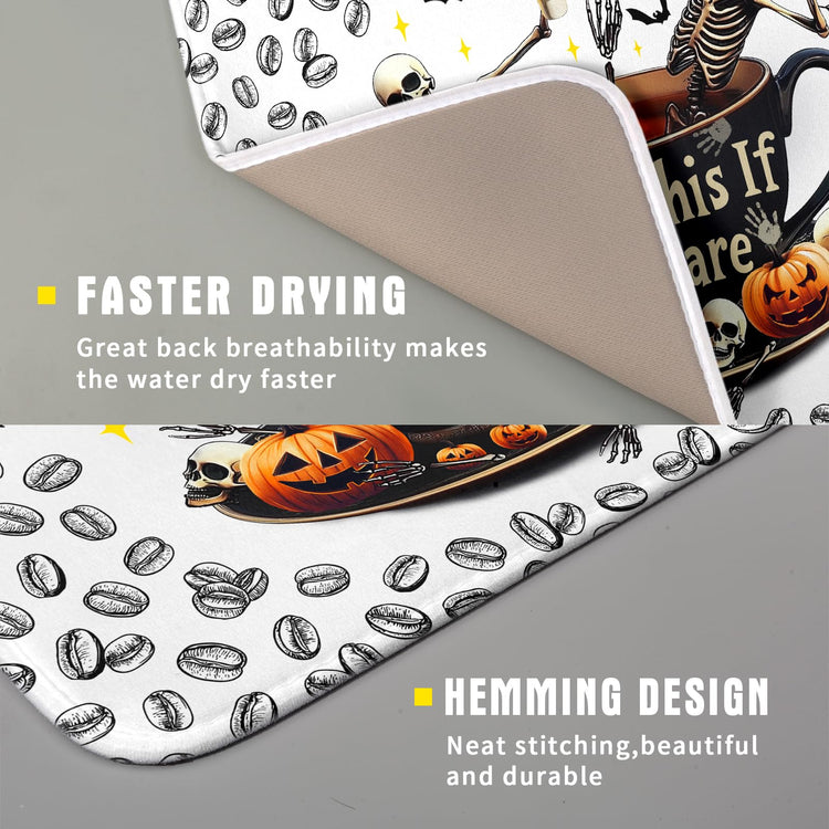 Funny Skull Coffee Mat for Table Counter Skeleton Dish Drying Mat Holiday Decoration for Home Coffee Bar