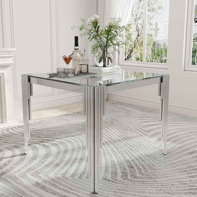 35'' Modern Square Glass Dining Table for 4 People,Tempered Glass Top Dining Room Table with Stainless Steel Base, Glass and Silver Dining Table for 4, Rectangle Dining Kitchen Table for Dinner