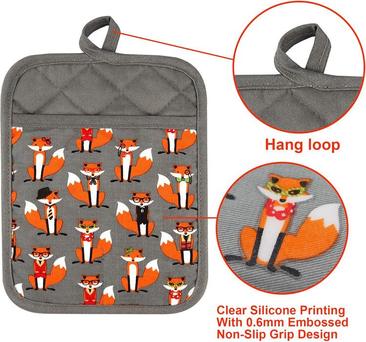 Pot Holders Set of 2 Heat Resistant 480 ℉ Non Slip Clear Silicone Printed Comfortable Cotton Lining Kitchen Women Men Cooking Baking Microwave Machine Washable (Fox, Gray Potholders)