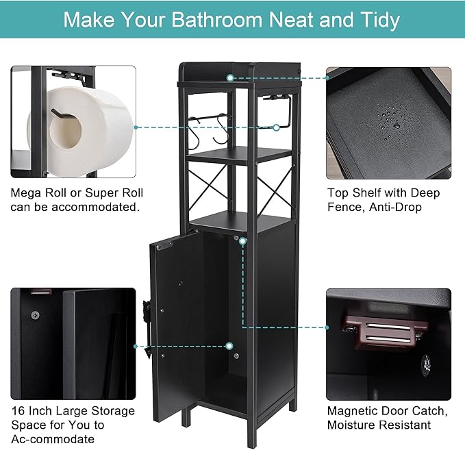 VECELO Small Bathroom Cabinet,Slim Toilet Paper Holder with Door&2 Shelves, Upgraded Narrow Storage Organizer for Restroom Bathroom Tiny Space,Metal Scroll Fenced Top Waterproof Coating,Black