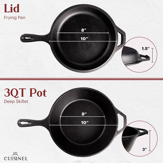 Cuisinel Cast Iron 2-In-1 Multi Cooker - 3-Quart Dutch Oven and Skillet Lid Set Oven Safe Cookware + Black Pan Scraper - Use As Dutch Oven and Frying Pan - Indoor and Outdoor Use - Grill, Stovetop - Nestoria