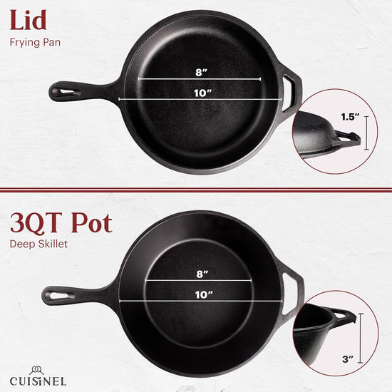 Cuisinel Cast Iron 2-In-1 Multi Cooker - 3-Quart Dutch Oven and Skillet Lid Set Oven Safe Cookware + Black Pan Scraper - Use As Dutch Oven and Frying Pan - Indoor and Outdoor Use - Grill, Stovetop - Nestoria