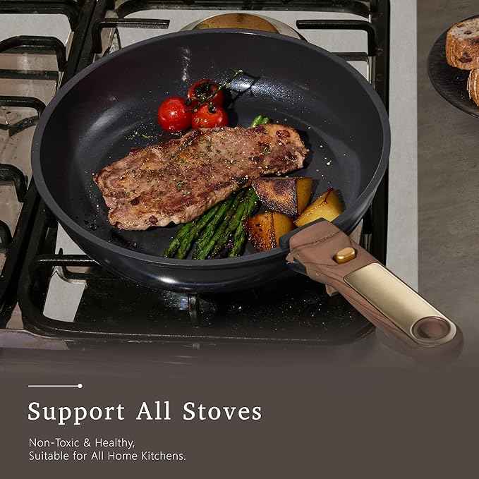 CAROTE 15Pcs Ceramic Cookware Set, Pots and Pans Set Non stick, Kitchen Cooking Set with Detachable Handle, Non Toxic Induction Cookware, Dishwasher/Oven Safe, PFAS Free, Black&Gold