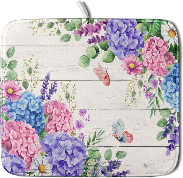Hydrangea Floral Dish Drying Mat 16x18 inch Spring Summer Decorative Fast Dry Dishes Draining Mats Absorbent Microfiber Drainer Rack Pad
