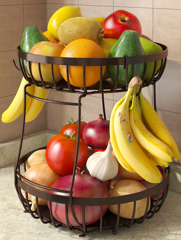 2 Tier Fruit Bowl for Kitchen Counter with Banana Hangers