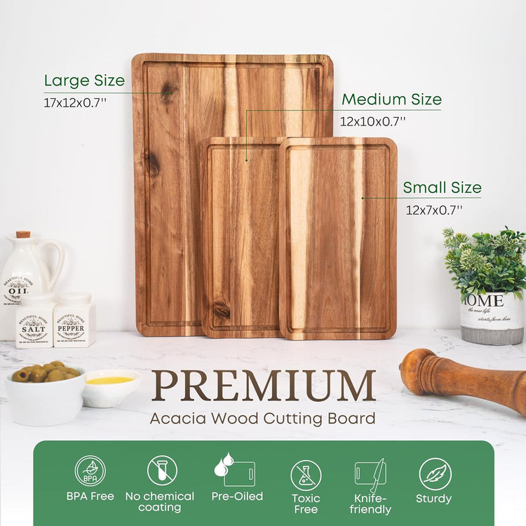 VieWood Acacia Wood Cutting Board Set of 3 for Kitchen, Butcher Block Cutting Board with Juice Grooves, Wooden Tray for Charcuterie Cheese, Meat, Pre-oiled Chopping Board, Durable, Knife-Friendly