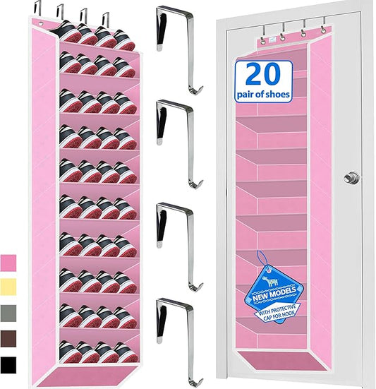 Over The Door Shoe Organizer, 70 Pounds Large Capacity, 20-30-Pair shoe organizer, Heavy Duty-Extra Deep Pockets ,Anti-Scratch Hooks & FSC-Certified Bamboo ,Engineered for Men’s Size 13 shoe,Pink