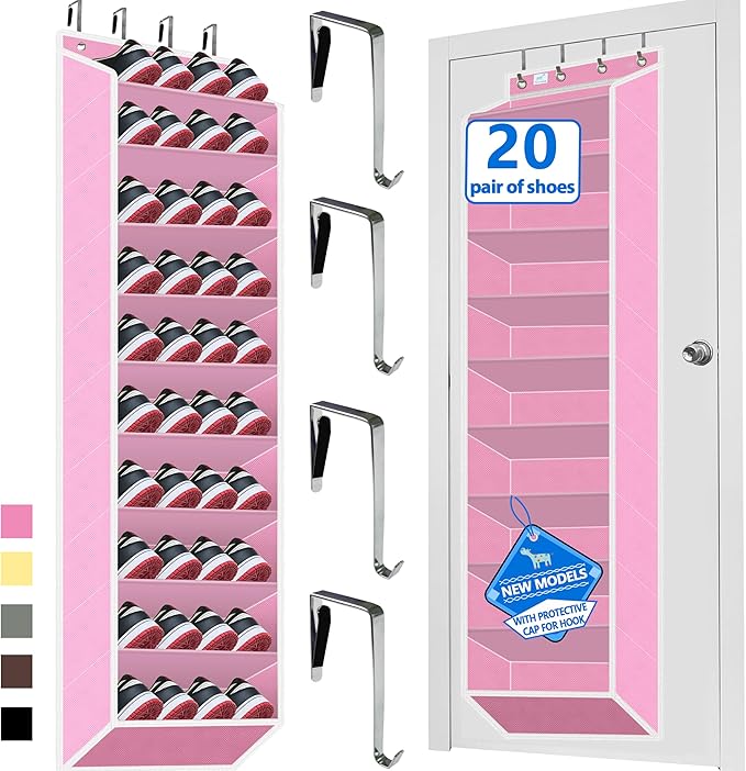 Over The Door Shoe Organizer, 70 Pounds Large Capacity, 20-30-Pair shoe organizer, Heavy Duty-Extra Deep Pockets ,Anti-Scratch Hooks & FSC-Certified Bamboo ,Engineered for Men’s Size 13 shoe,Pink