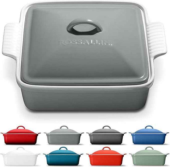 Stoneware Casserole Dish Bakeware with Lid | Covered Square Dinnerware | Large 2.5 Quart, [Modern Grey]