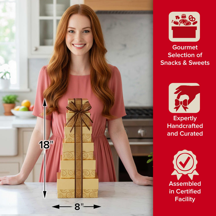 Glittering Gold Gift Tower with Cookies Snacks & Treats (64 Ounce)
