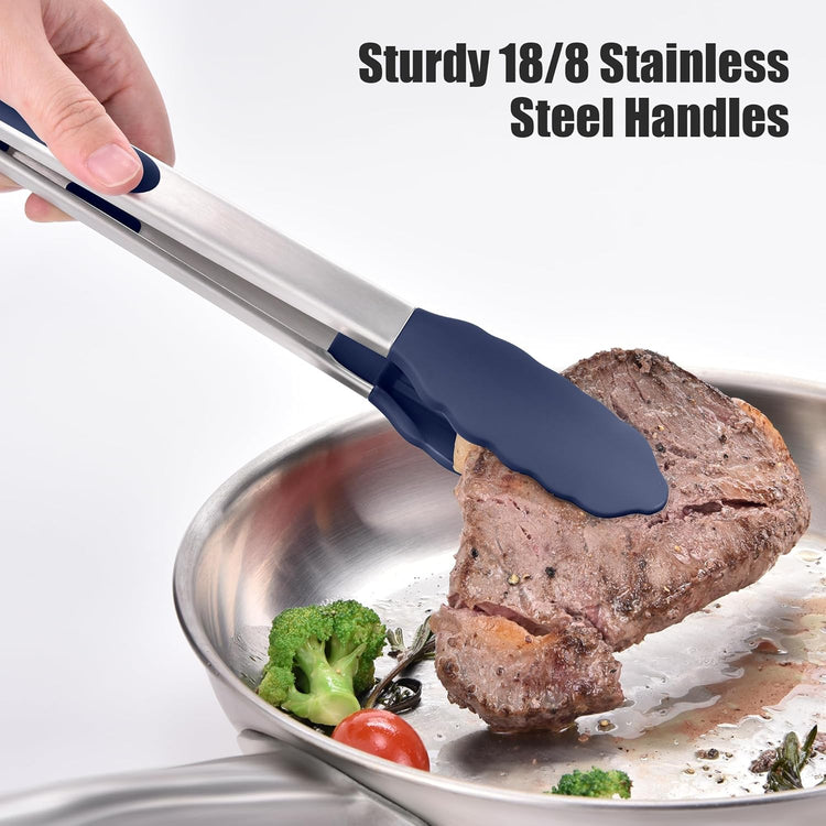 Doosu Kitchen Tongs for Cooking - 600°F Heat Resistant Food Tong Set with Non-Scratch Silicone Tips, Heavy Duty Stainless Steel Locking Tong for BBQ, Grilling Steak, Serving Salad (9+12in, Navy Blue)