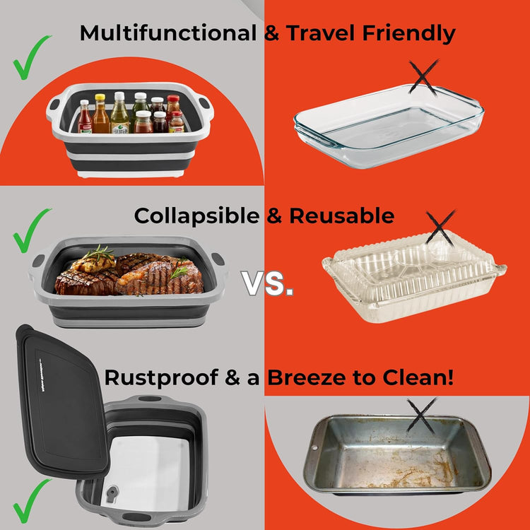 Collapsible Large (8L) BBQ Marinating Tub w/Cutting Board | Multipurpose Food-Grade TPE Prep Tub w/Lid | Built-in Colander & Drain Plug - for Camping | Tailgate | Picnic - Slate Black