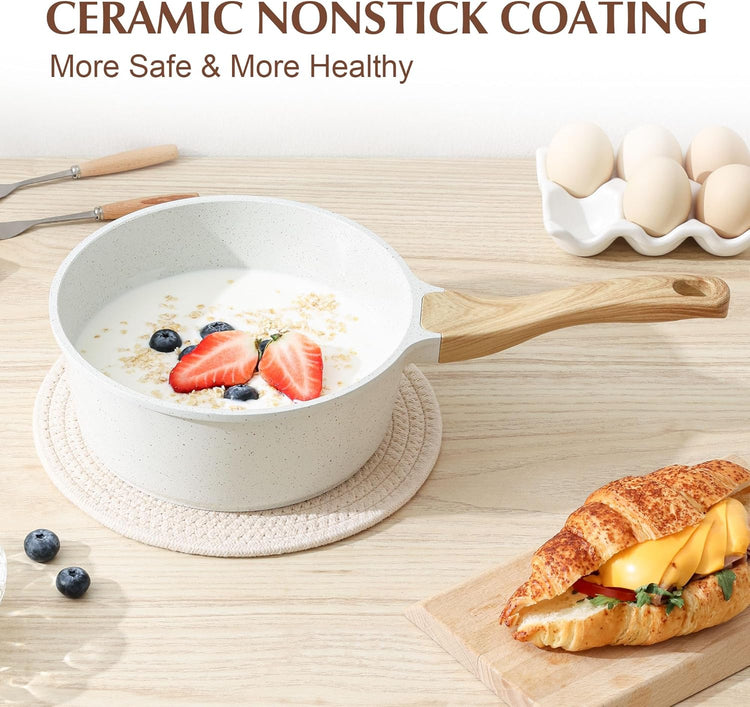 SENSARTE White Ceramic Nonstick Saucepan with Lid Set, Small Cooking Pot with Stay Cool Handle, Induction Compatible Saucepot, White Granite Coating, PFOA/PFAS Free, 1.5 + 2.5QT