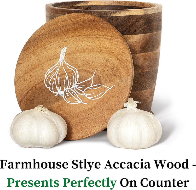 Introducing The Always Fresh Acacia Garlic Keeper For Counter. A Crafted & Large Garlic Storage Holder Jar. A Farmhouse Container Pot Saver.