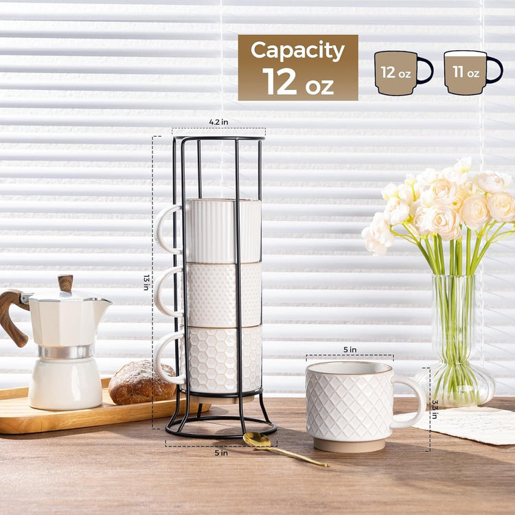 GBHOME 12OZ Stackable Coffee Mugs with Stand, Ceramic Coffee Mugs with Texture Patterns for Man,Woman,Dad,Mom, Modern Coffee Cups Set of 4 for Latte/Cappuccino/Cocoa. Dishwasher&Microwave Safe