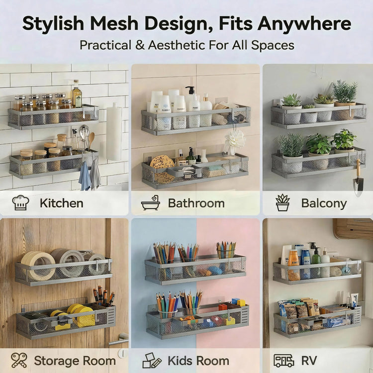 5-in-1 16.5" Extra Long Slim Wall Mount Wrapped Mesh Kitchen Organizer & Shower Caddy Kit, with Paper Towel Holder, Utensil Holder, Soap Dish, Holds 50LBS - Silver Gray, Netting