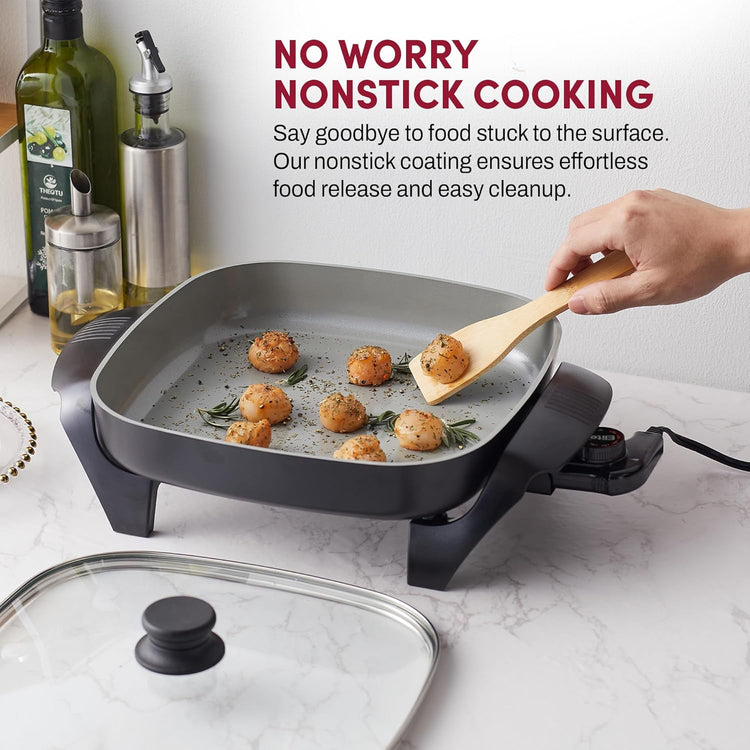 Elite Gourmet EG2212X 12"x12"x2.15” Ceralast™ PFAS Free Ceramic Electric Skillet, Dishwasher Safe, Rapid Heat Up, 1200W, Dark Grey