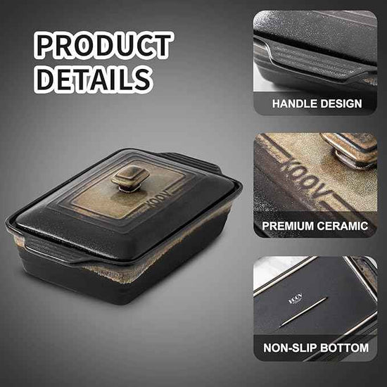 KOOV Ceramic Casserole Dish with Lid, Rectangular Baking Dish Set, Lasagna Pans for Cooking, 9 x 13 Inches, Stripe Series (Rough Black)