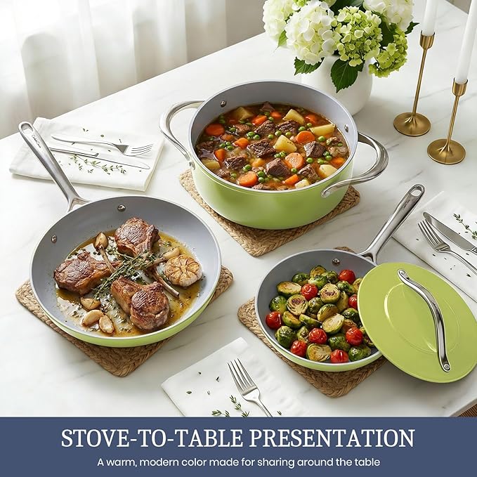 CookinCraze CookinCraze Ceramic Cookware Set, Pots and Pans Set Nonstick with Lid PFAS & PFOA Free, Induction Compatible Oven Safe Up to 500°F Even Heat Distribution, Olive Green