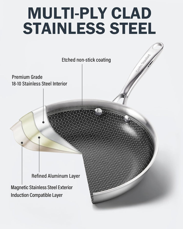 Cooks Standard Hybrid Nonstick Frying Pan Set, 8 and 10-Inch Multi-Ply Clad Stainless Steel 2 Piece Skillet with Tempered Glass Lids, Oven Safe, Compatible with All Stovetops
