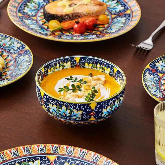 vancasso 12 Pieces Dinnerware Sets, Yellow Plates and Bowls Set, Porcelain Dishes Set for 4, Microwave and Dishwasher Safe, Scratch Resistant, Bohemian Style Dining Ware Service for 4, Series SIMI