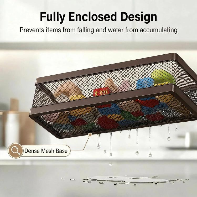 5-in-1 16.5" Extra Long Slim Wall Mount Wrapped Mesh Kitchen Organizer & Shower Caddy Kit, with Paper Towel Holder, Utensil Holder, Soap Dish, Holds 50LBS - Vintage Bronze, Netting