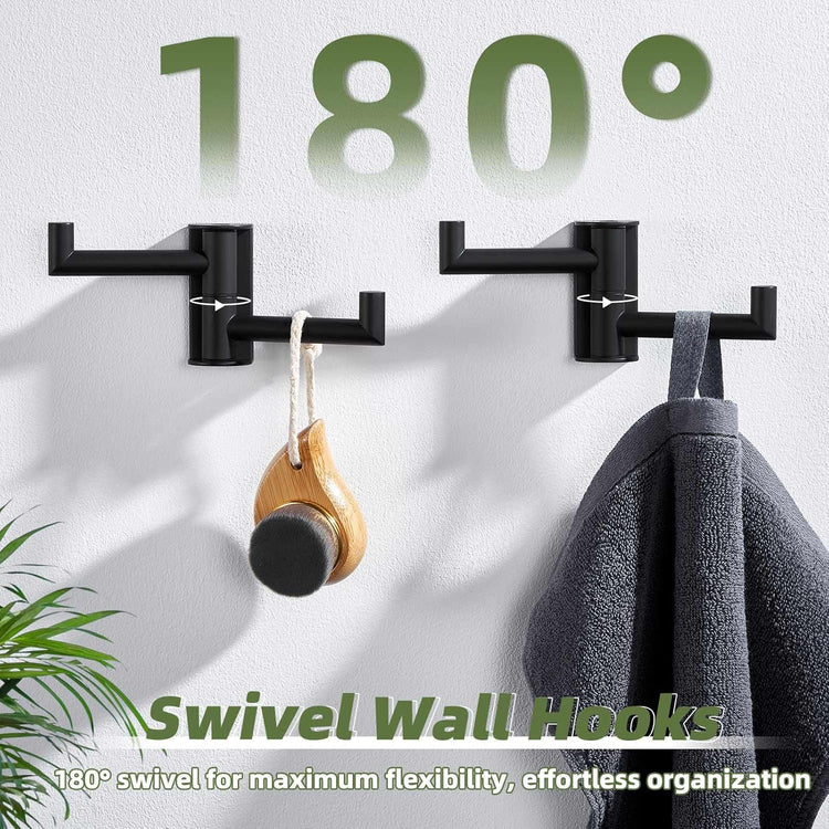 APLusee Swivel Towel Hook Matte Black 2 Pack, 304 Stainless Steel Towel Holder Bathroom Robe Hook, Folding Wall Hook Wall Mounted