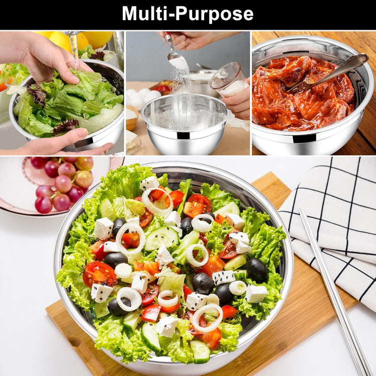 E-far Mixing Bowls with Lids, 6-Piece Stainless Steel Salad Bowls Metal Nesting Bowls for Baking Cooking and Prepping, Airtight Lids & Stackable Design, Size 4.5, 3, 1.5 QT (Black)