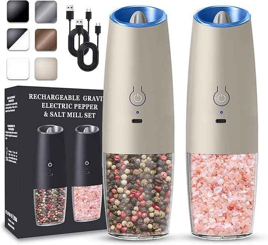 Rechargeable Electric Salt and Pepper Grinder set of 2, gravity electric salt and pepper grinder set, Adjustable Roughness, LED Light, 2 Pack, (Khaki)