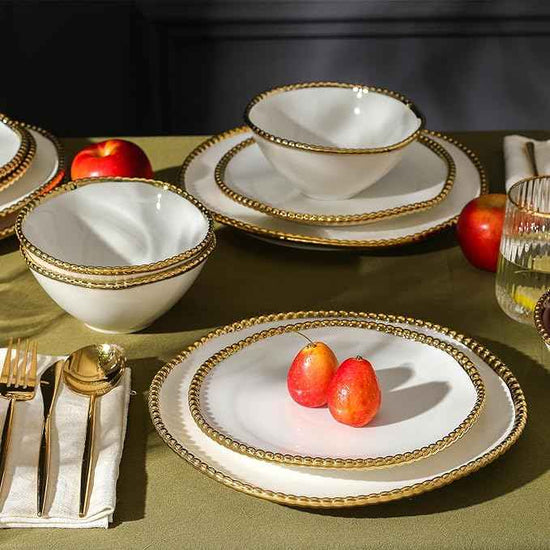 Christian Siriano Akoya Porcelain Dinnerware Set, 12-Piece - Dish Set for 4, Plates and Bowls Set, White and Gold