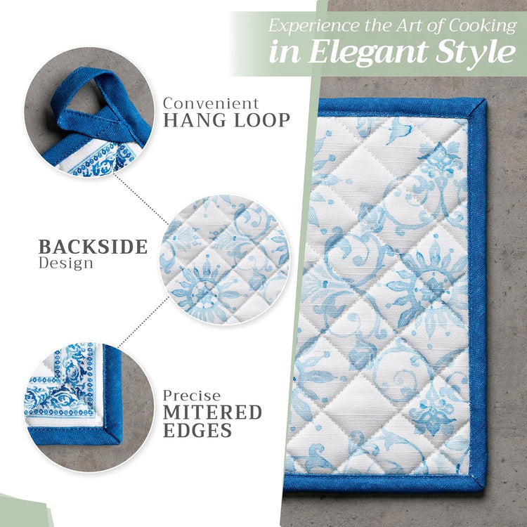Maison d' Hermine 100% Cotton Oven Mitt & Pot Holder Set (7.5"x13" & 8"x8") Heat Resistant BBQ Cooking Gloves with Loop, Baking, Grilling, Kitchen, Handling Hot Pans Spring/Summer (Cedrat)