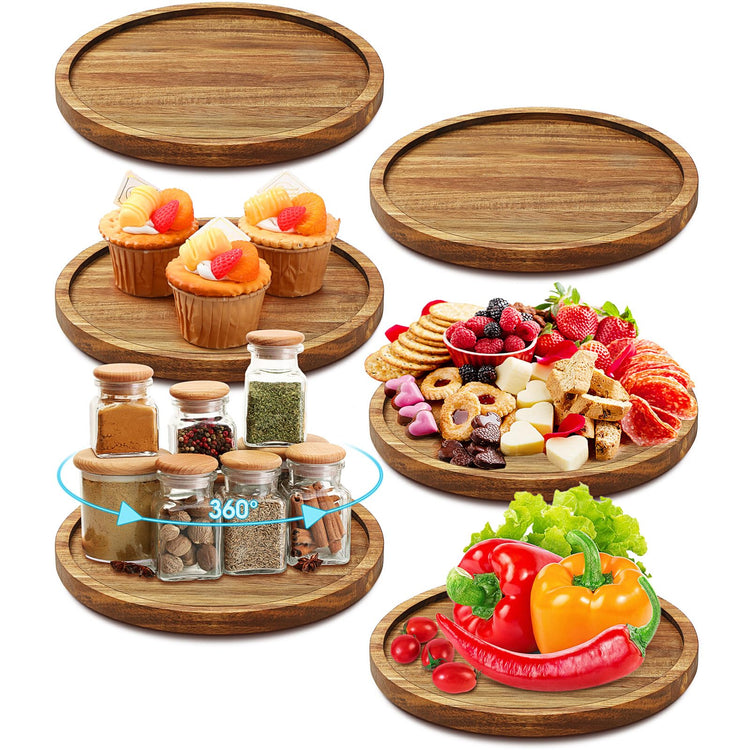 6 Pcs 9 inch Acacia Wood Lazy Susan Organizers Kitchen Turntable Round Lazy Susan Turntable Tray for Kitchen Counter Pantry Table Organization Cabinet Bathroom (6 Count)
